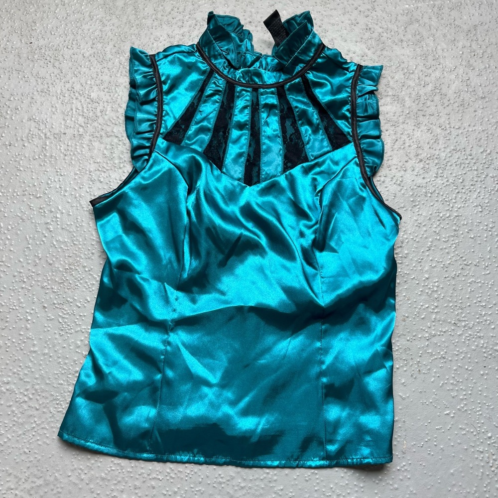 Susie Rose Teal Satin Top Ruffle Mock Neck‎ Sleeveless Party L (11/13)
